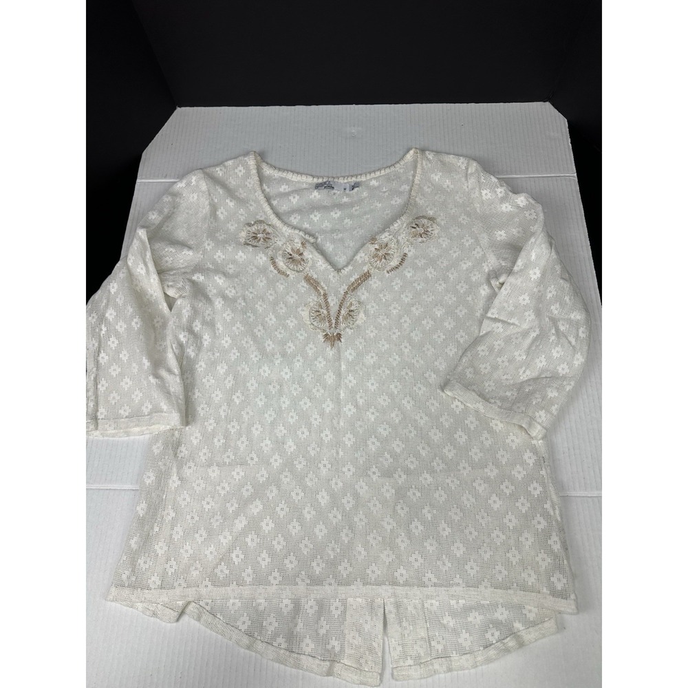 PrAna Ivory White Embroidered Top Women's Medium Sheer Mesh/Eyelet Print